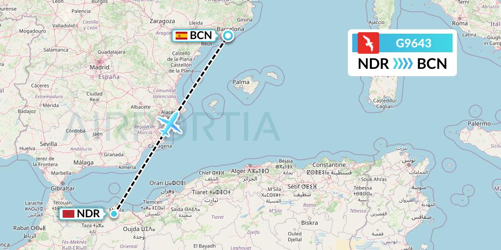 G9643 Air Arabia Flight Map: Nador to Barcelona