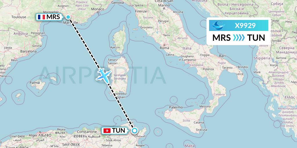 X9929 Avion Express Flight Map: Marseille to Tunis