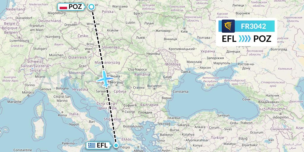 FR3042 Ryanair Flight Map: Kefalonia to Poznan