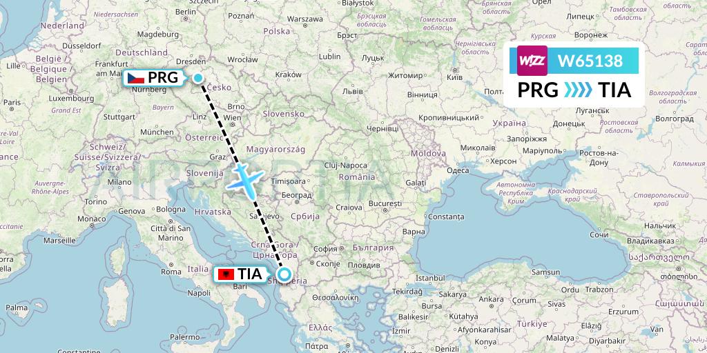 W65138 Wizz Air Flight Map: Prague to Tirana