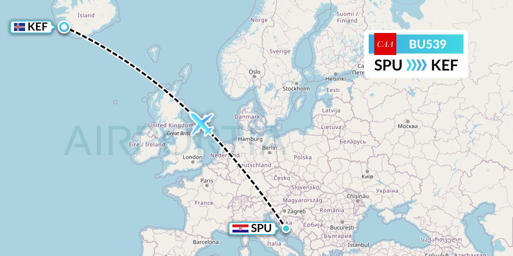BU539 flyCAA Flight Map: Split to Reykjavik