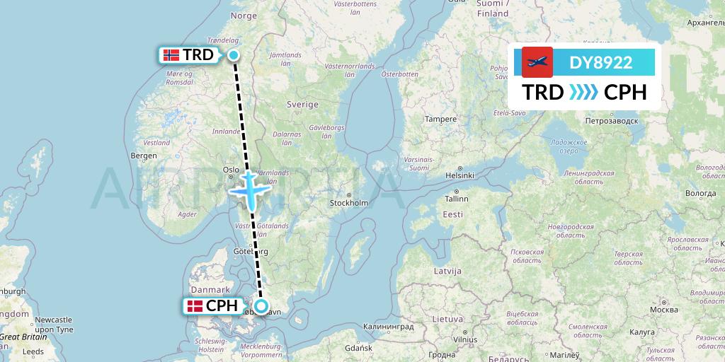 DY8922 Norwegian Flight Map: Trondheim to Copenhagen