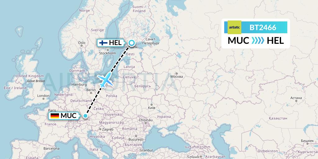 BT2466 Air Baltic Flight Map: Munich to Helsinki