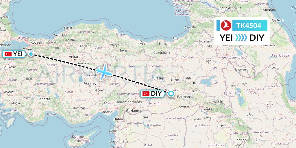 TK4504 Turkish Airlines Flight Map: Bursa to Diyarbakir