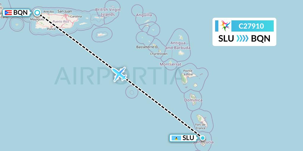 C27910 Ceiba Intercontinental Flight Map: Castries to Aguadilla