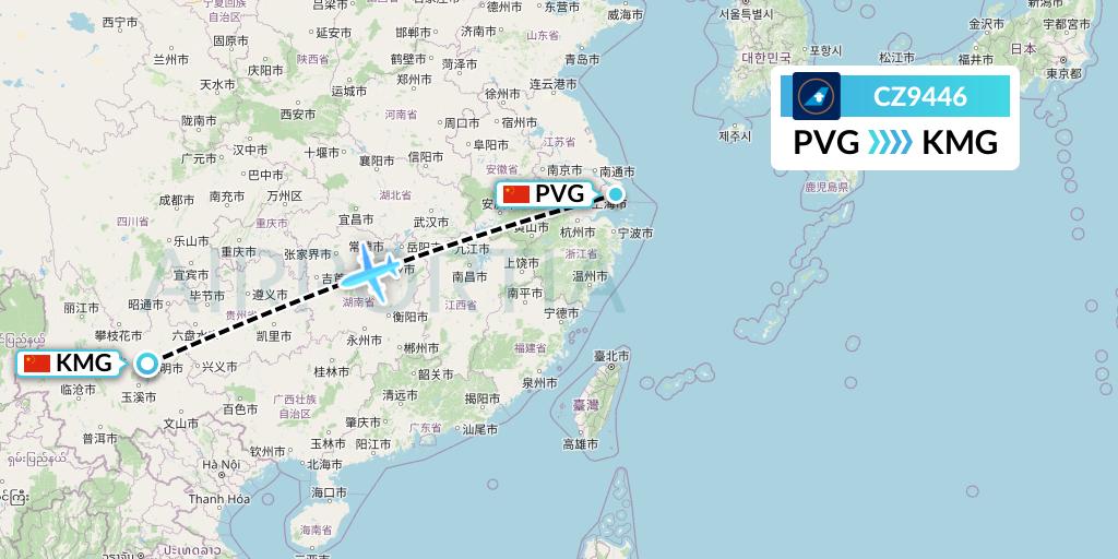 CZ9446 China Southern Airlines Flight Map: Shanghai to Kunming