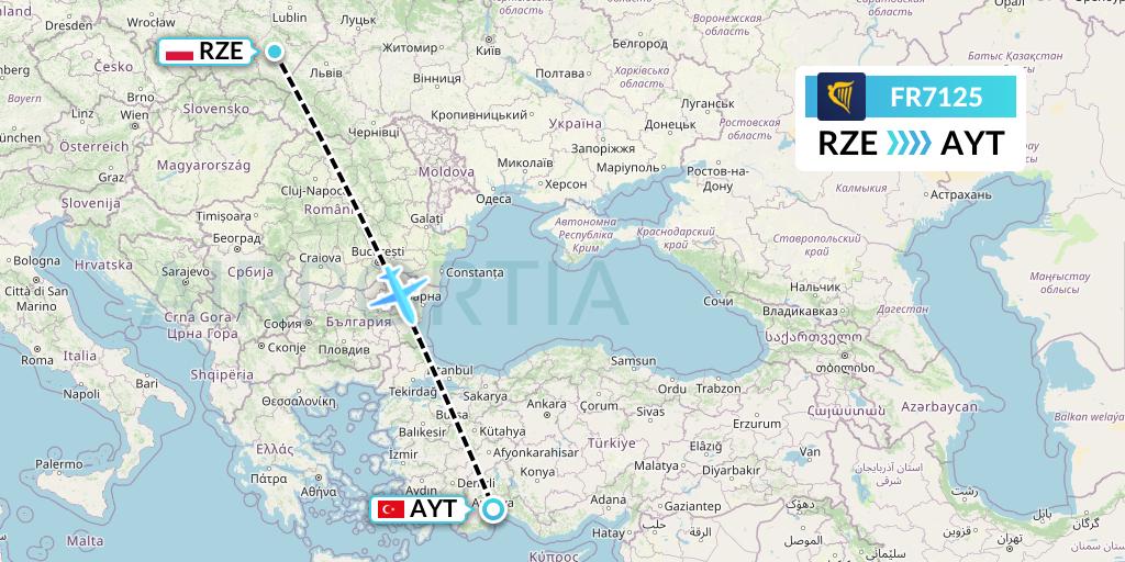 FR7125 Ryanair Flight Map: Rzeszow to Antalya