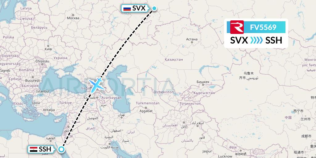 FV5569 Rossiya Flight Map: Yekaterinburg to Sharm el-Sheikh