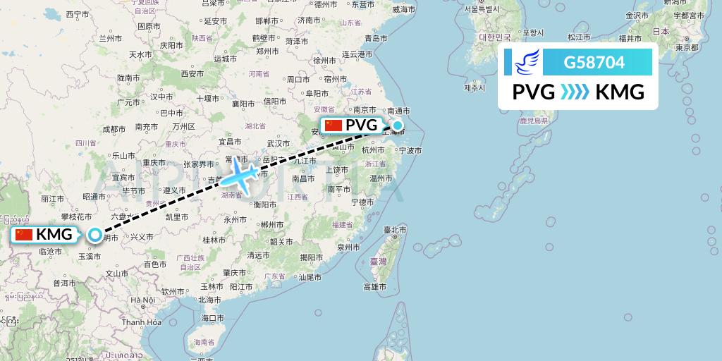G58704 China Express Airlines Flight Map: Shanghai to Kunming