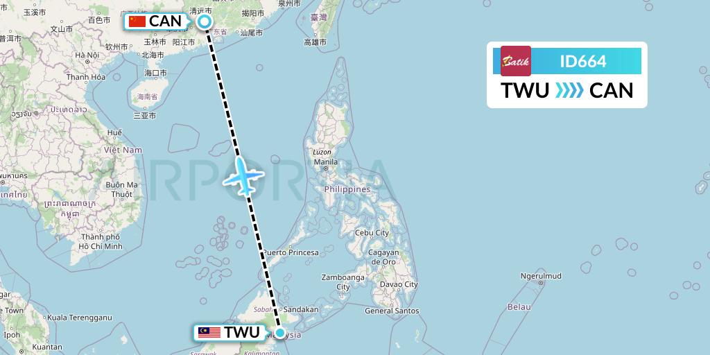 ID664 Batik Air Flight Map: Tawau to Guangzhou