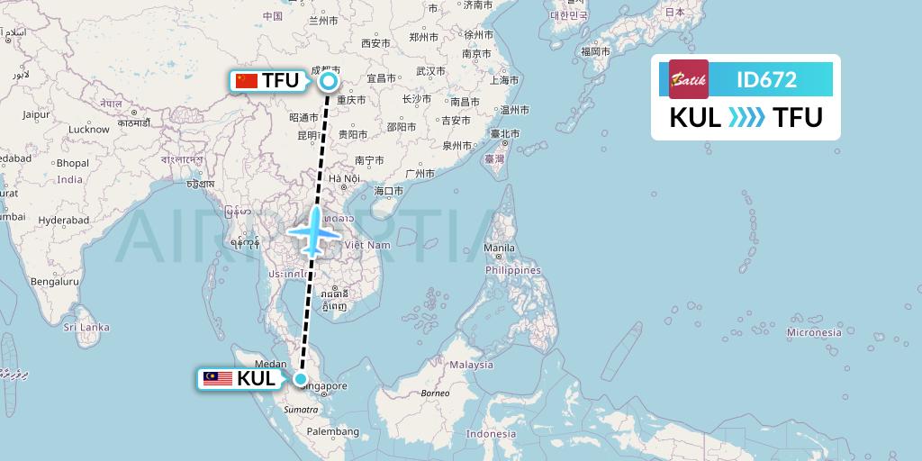 ID672 Batik Air Flight Map: Kuala Lumpur to Chengdu
