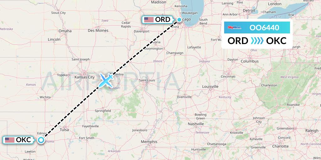 OO6440 SkyWest Airlines Flight Map: Chicago to Oklahoma City
