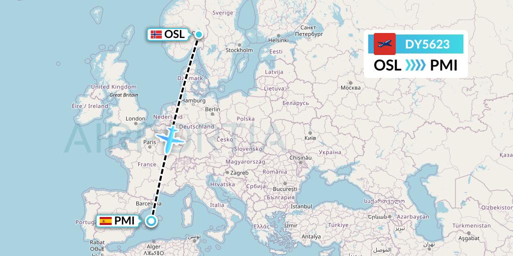 DY5623 Norwegian Flight Map: Oslo to Palma de Mallorca