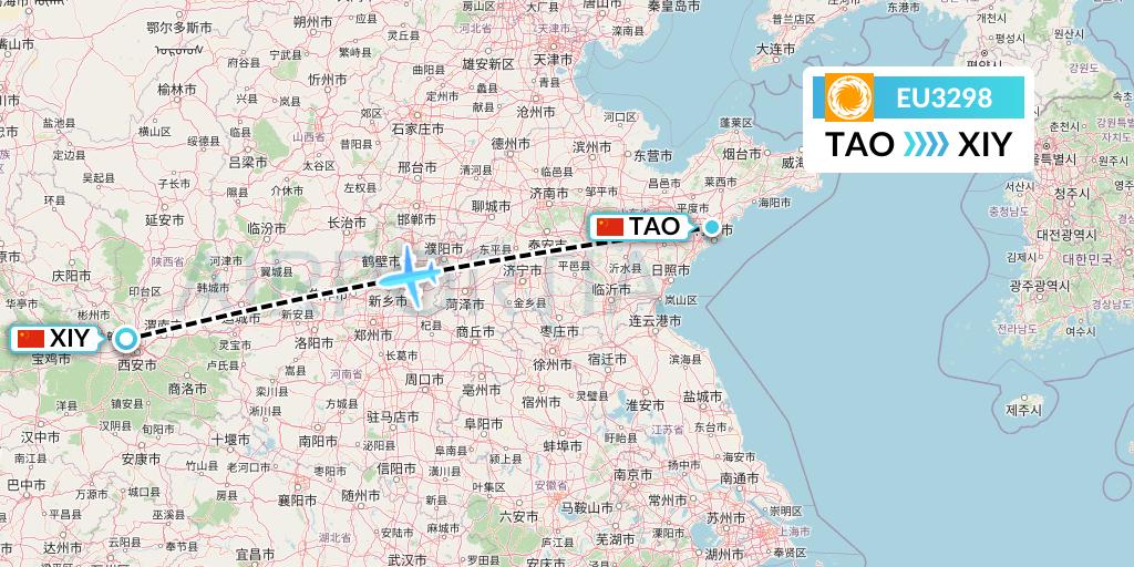 EU3298 Chengdu Airlines Flight Map: Qingdao to Xi'an