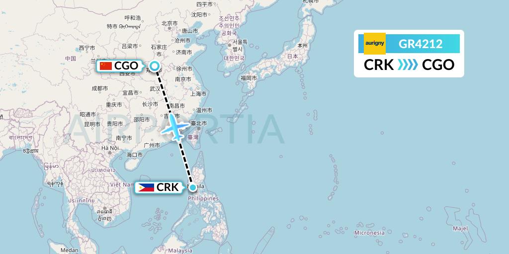 GR4212 Aurigny Air Services Flight Map: Angeles City to Zhengzhou