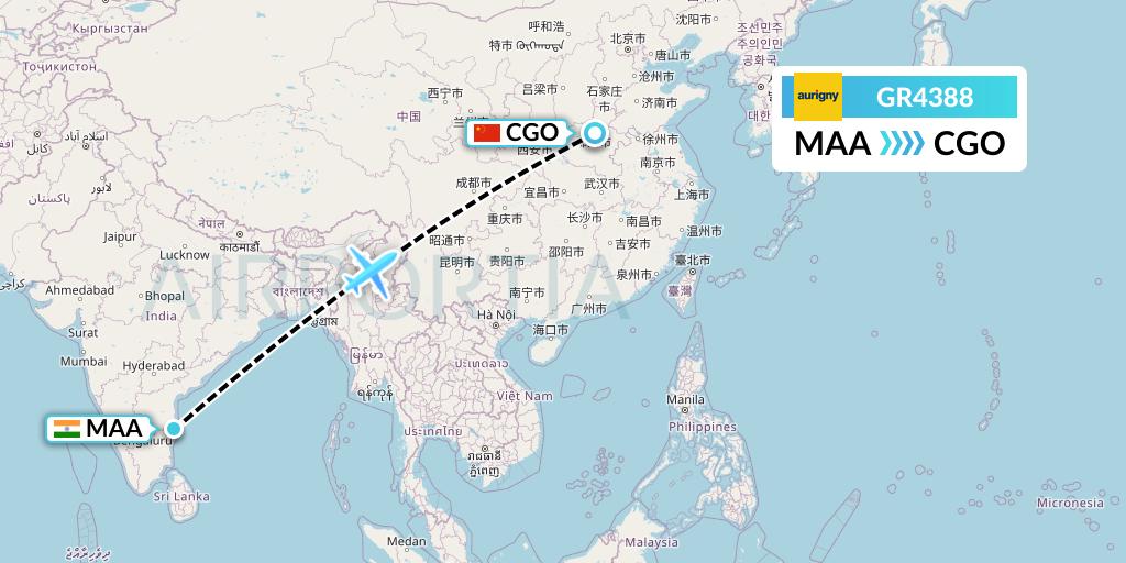 GR4388 Aurigny Air Services Flight Map: Chennai to Zhengzhou