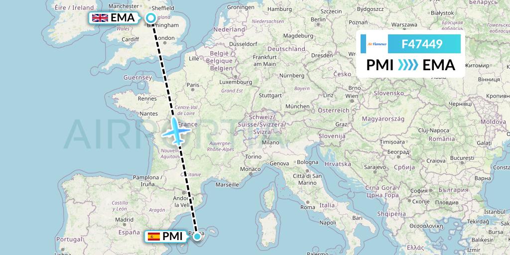 F47449 Air Flamenco Flight Map: Palma de Mallorca to East Midlands