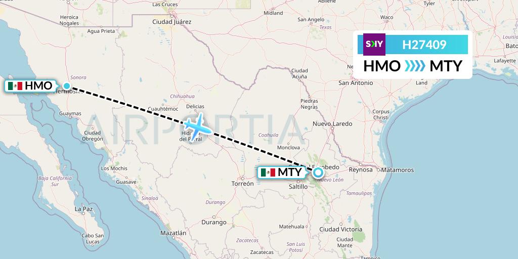 H27409 Sky Airline Flight Map: Hermosillo to Monterrey