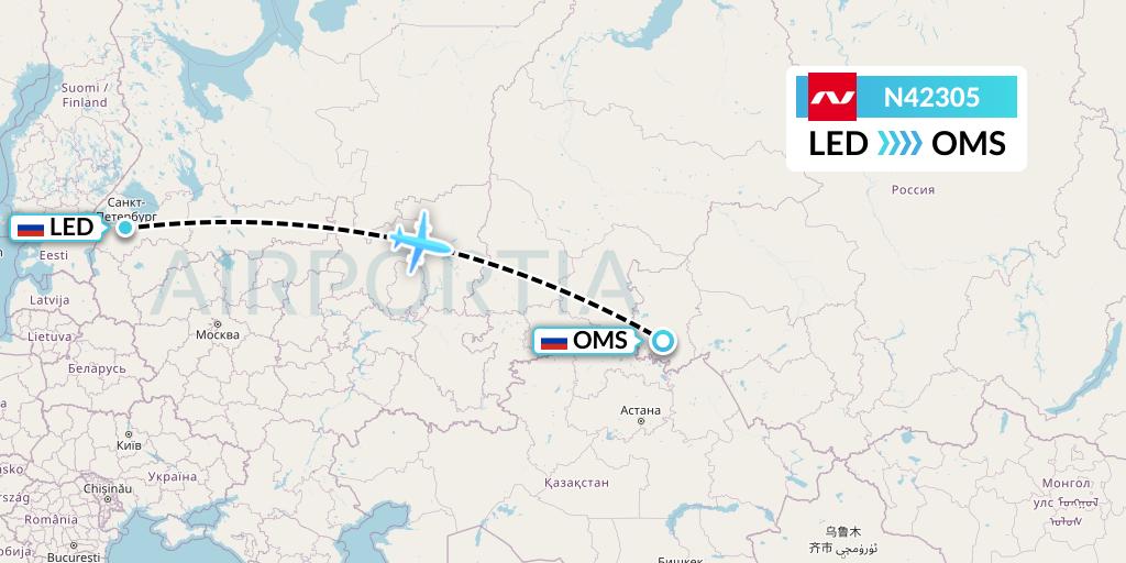 N42305 Nordwind Airlines Flight Map: St. Petersburg to Omsk