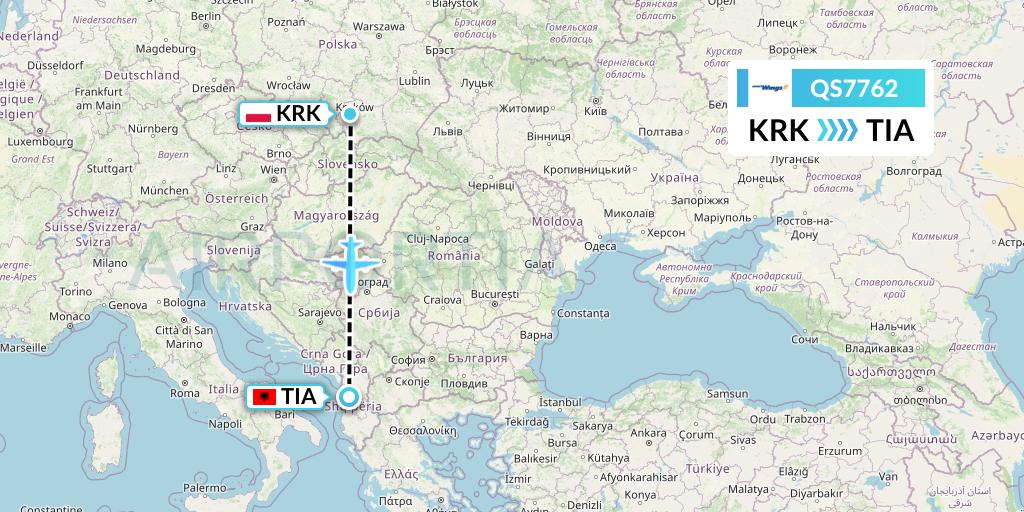 QS7762 Smartwings Flight Map: Krakow to Tirana