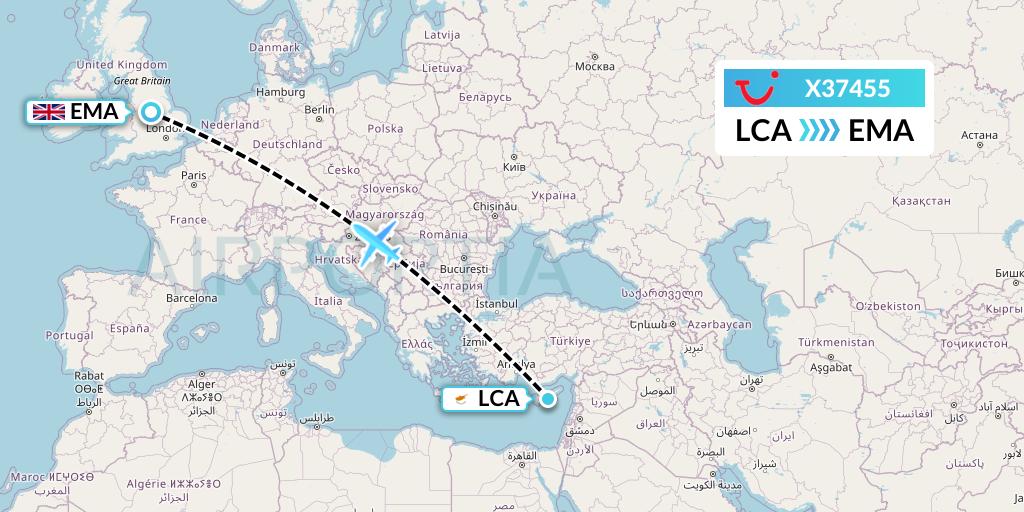 X37455 TUI fly Germany Flight Map: Larnaca to East Midlands