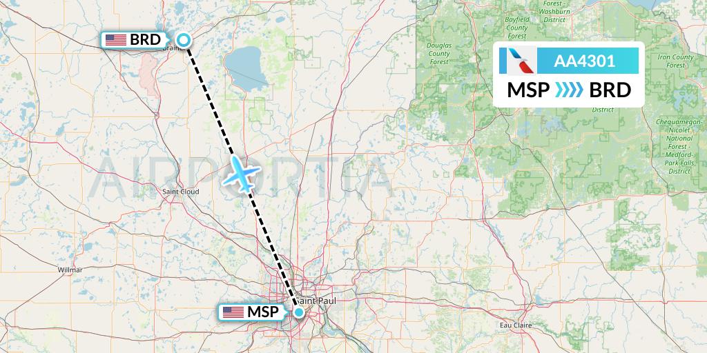 AA4301 American Airlines Flight Map: Minneapolis to Brainerd