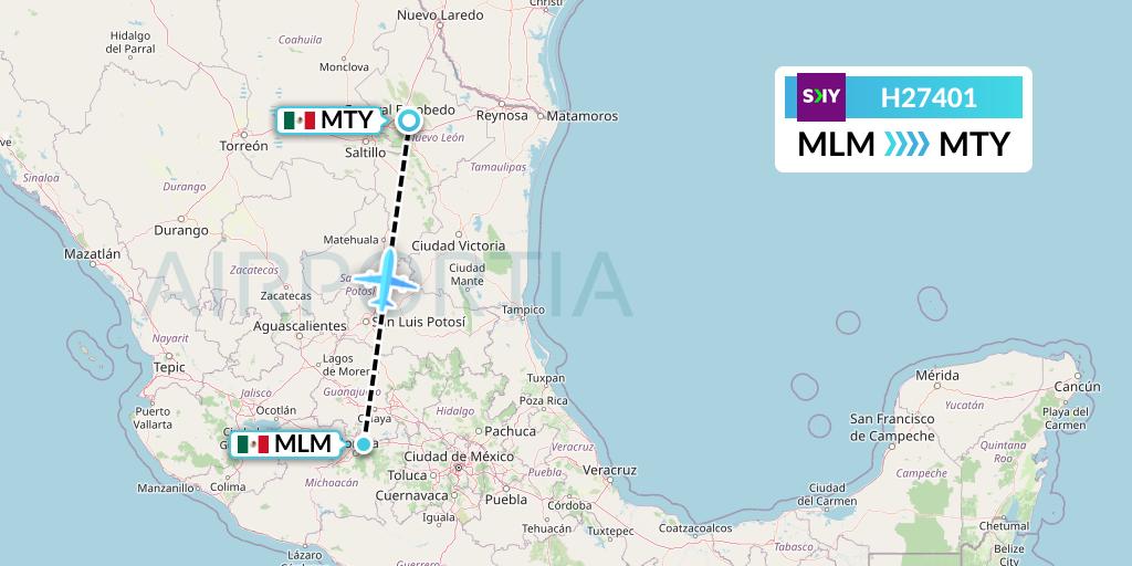 H27401 Sky Airline Flight Map: Morelia to Monterrey
