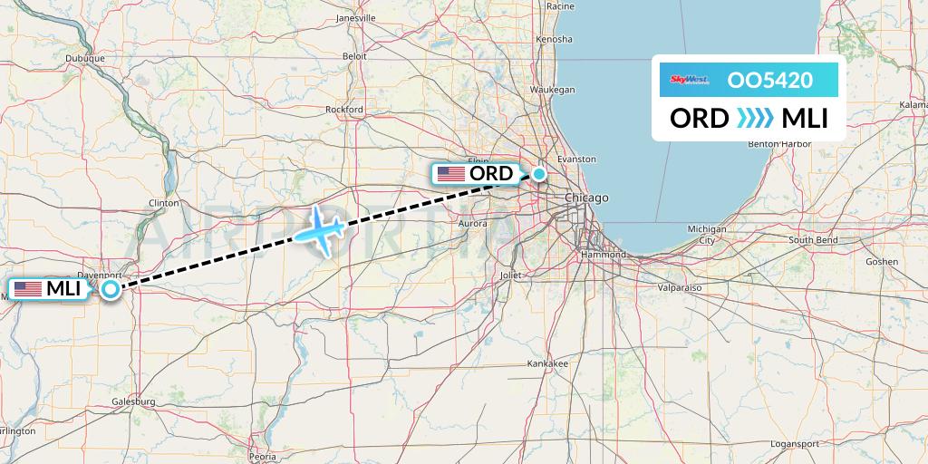 OO5420 SkyWest Airlines Flight Map: Chicago to Moline