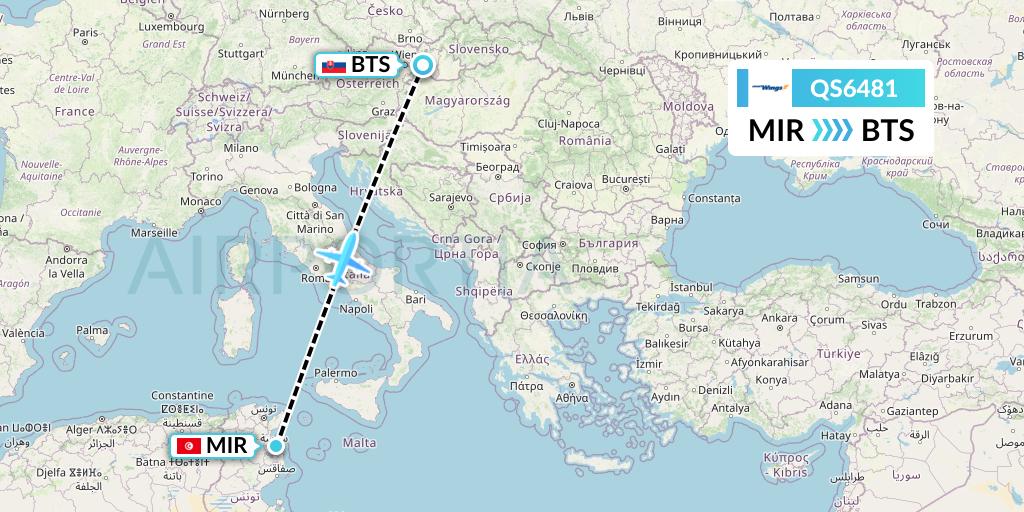 QS6481 Smartwings Flight Map: Monastir to Bratislava