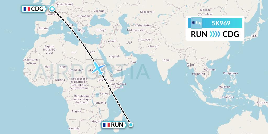 5K969 Hi Fly Flight Map: Saint-Denis to Paris