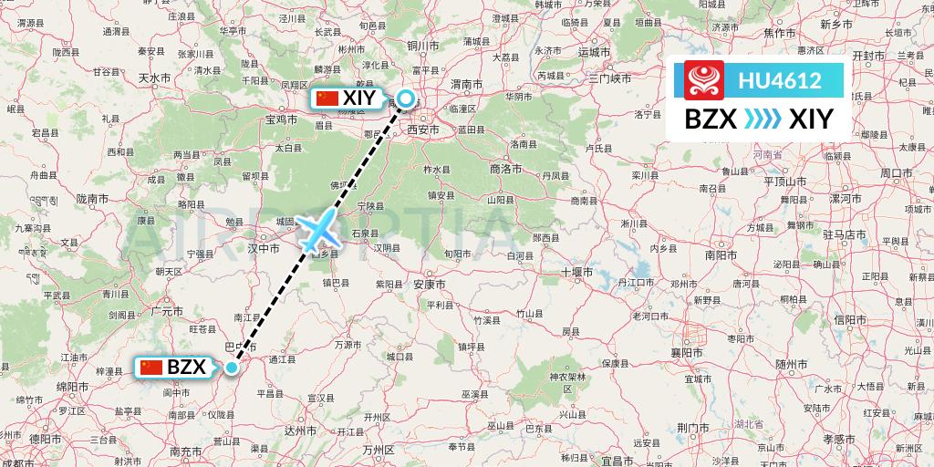 HU4612 Hainan Airlines Flight Map: Guangyuan to Xi'an