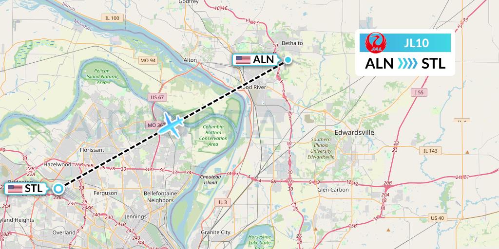 JL10 Japan Airlines Flight Map: Alton-St Louis to St. Louis