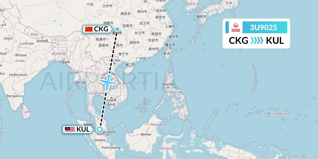 3U9025 Sichuan Airlines Flight Map: Chongqing to Kuala Lumpur