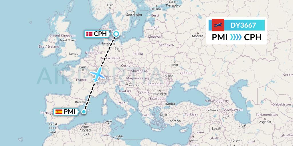 DY3667 Norwegian Flight Map: Palma de Mallorca to Copenhagen