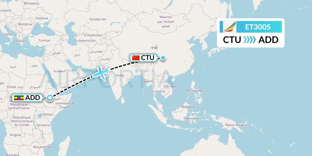 ET3005 Ethiopian Airlines Flight Map: Chengdu to Addis Ababa