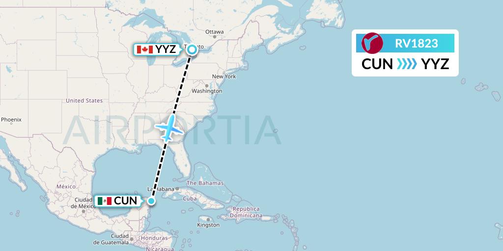 RV1823 Air Canada Rouge Flight Map: Cancun to Toronto