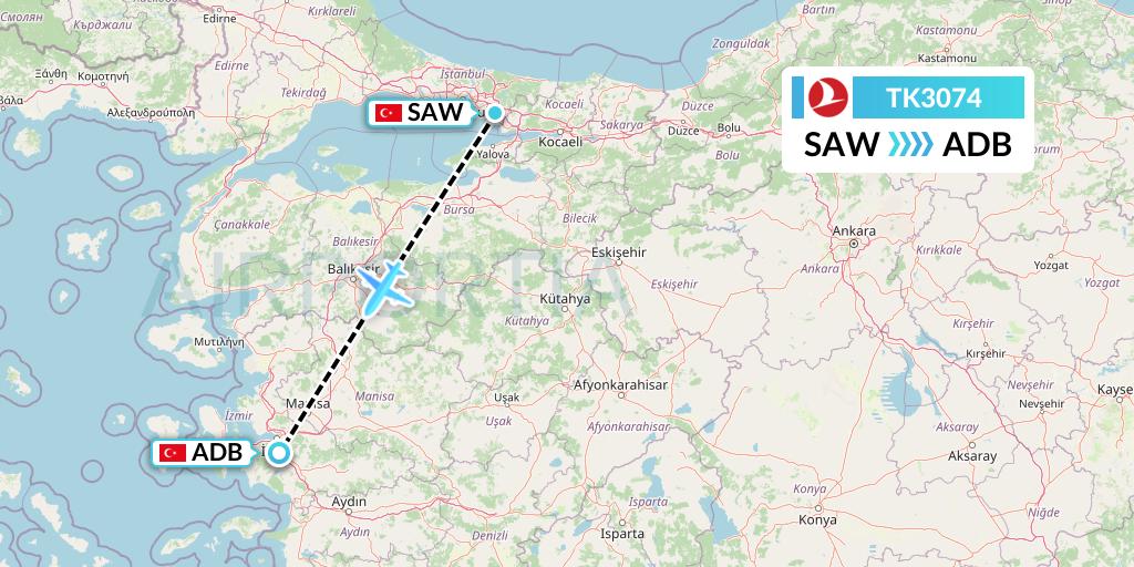 TK3074 Turkish Airlines Flight Map: Istanbul to Izmir