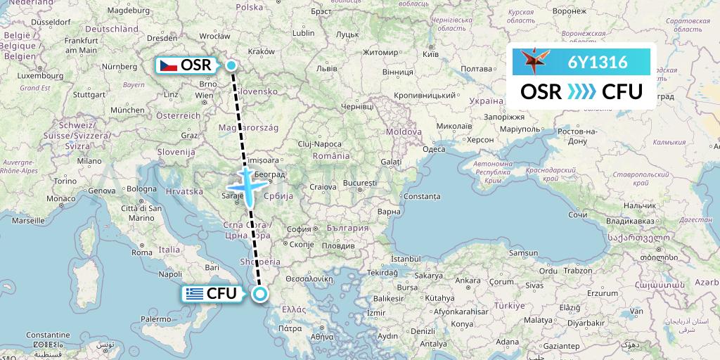 6Y1316 SmartLynx Flight Map: Ostrava to Corfu