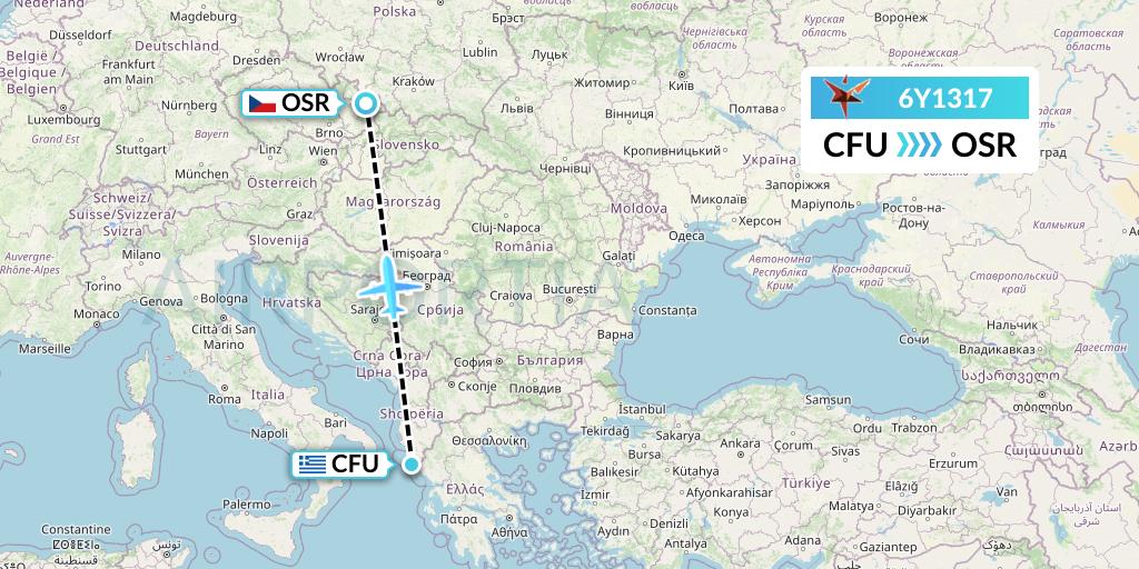 6Y1317 SmartLynx Flight Map: Corfu to Ostrava