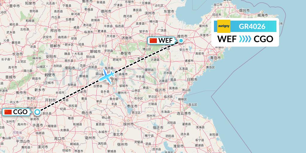 GR4026 Aurigny Air Services Flight Map: Weifang to Zhengzhou