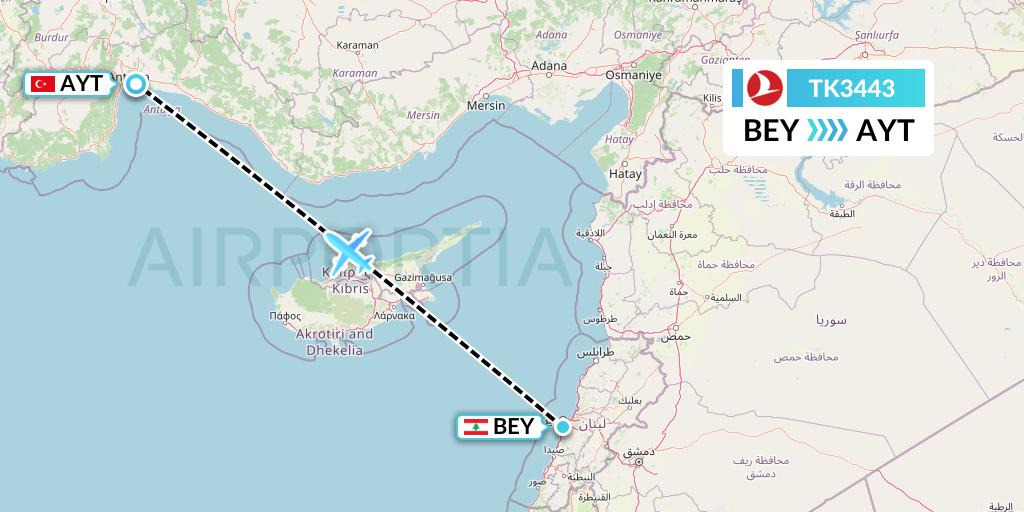 TK3443 Turkish Airlines Flight Map: Beirut to Antalya