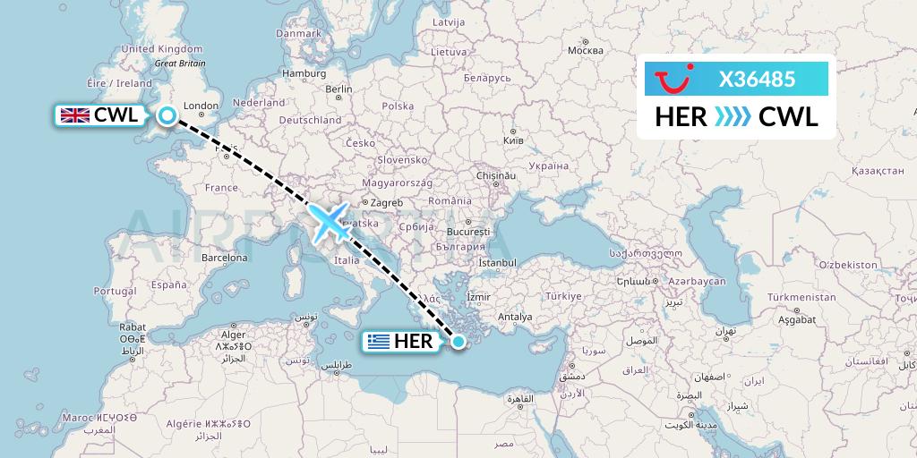 X36485 TUI fly Germany Flight Map: Heraklion to Cardiff