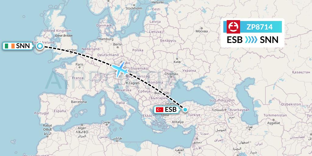ZP8714 Paranair Flight Map: Ankara to Shannon
