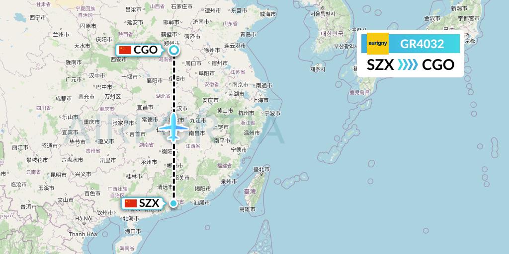GR4032 Aurigny Air Services Flight Map: Shenzhen to Zhengzhou
