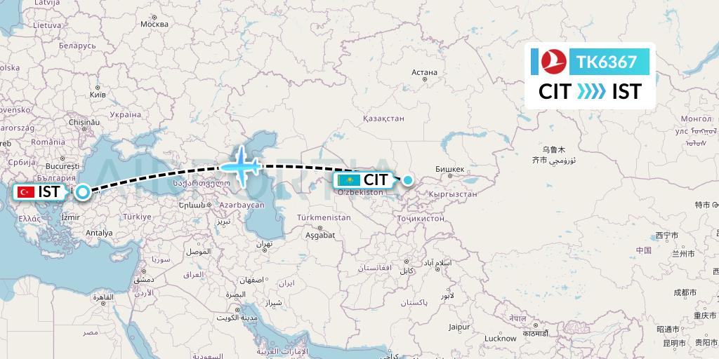 TK6367 Turkish Airlines Flight Map: Shymkent to Istanbul