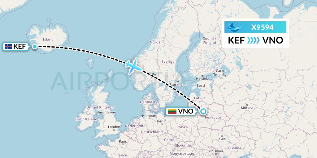 X9594 Avion Express Flight Map: Reykjavik to Vilnius