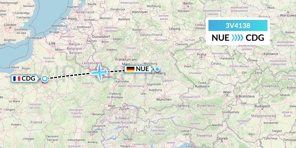 3V4138 ASL Airlines Belgium Flight Map: Nurnberg to Paris