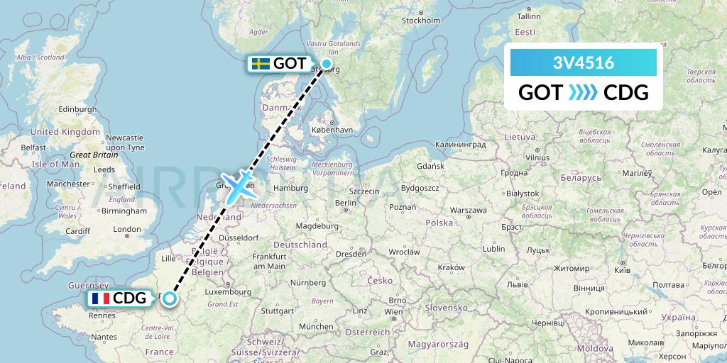 3V4516 ASL Airlines Belgium Flight Map: Gothenburg to Paris