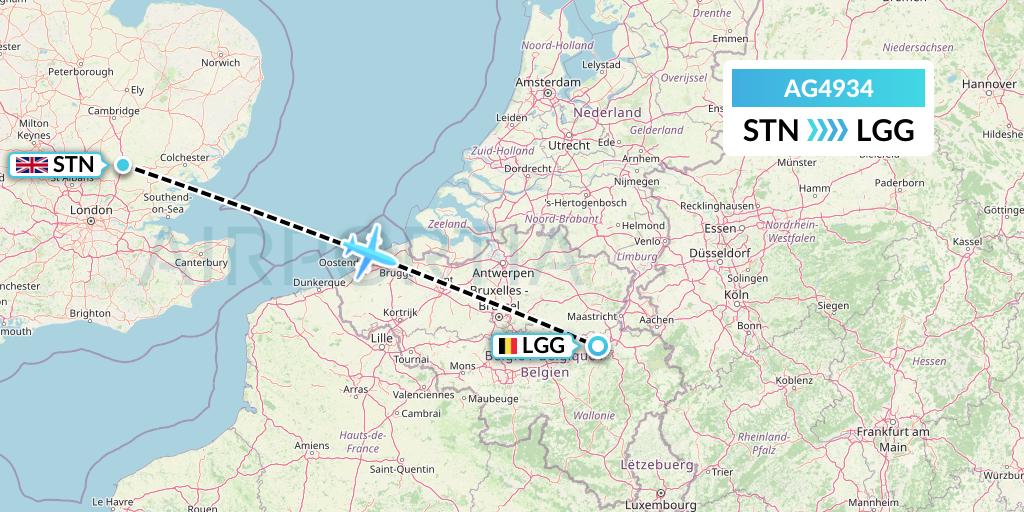 AG4934 Aruba Airlines Flight Map: London to Liege