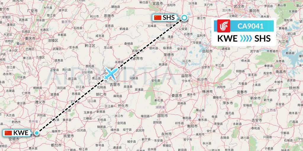 CA9041 Air China Flight Map: Guiyang to Shashi